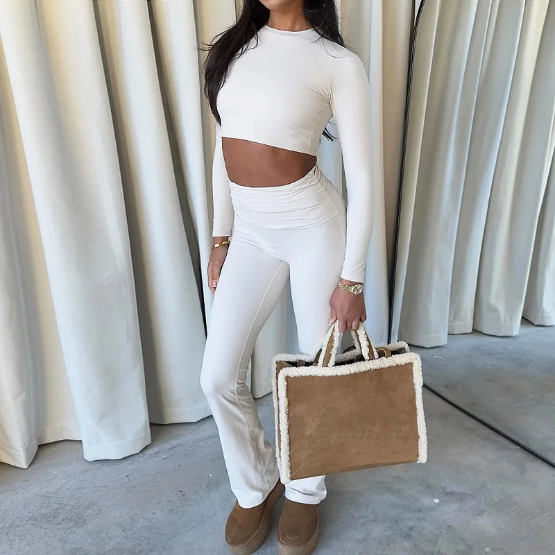 Solid Trim Crop Top & Flare Leggings