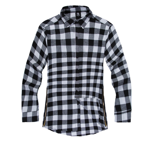 Men Fashion Urban Plaid Side Zipper Button Shirt