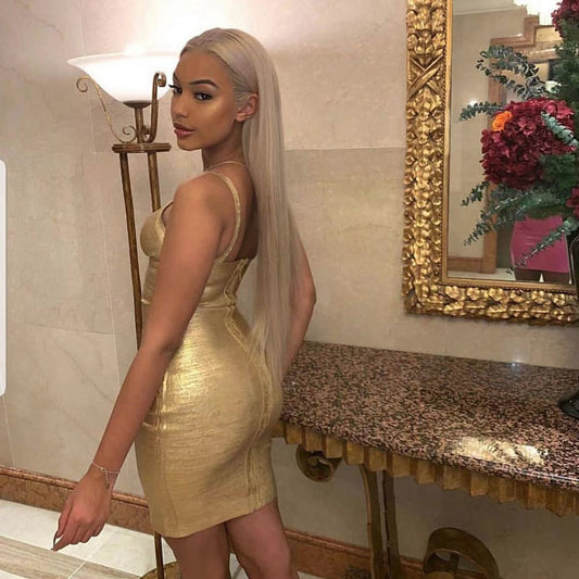 New Women Sleeveless V Neck Bandage Sexy Bodycon Bronzing Dress