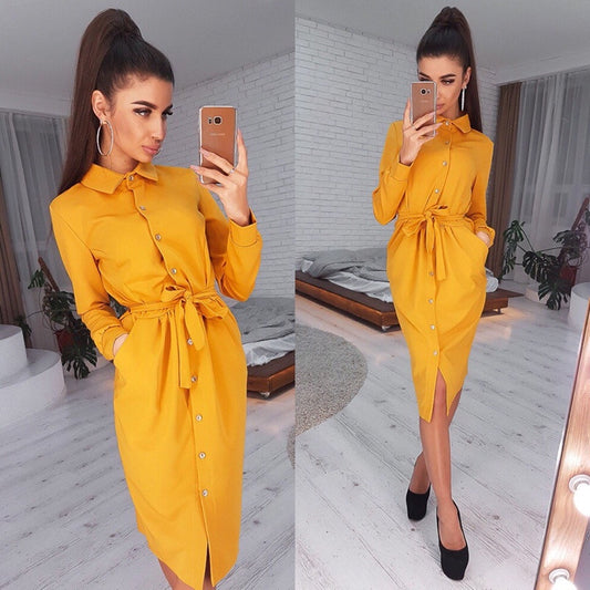Women Vintage Front Solid Elegant Dress