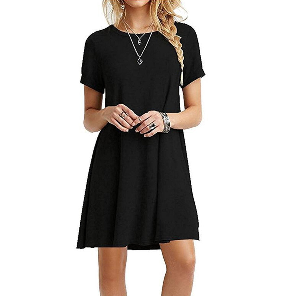 Boho Beach O-Neck Party Summer Short Sleeve Loose Mini Dress
