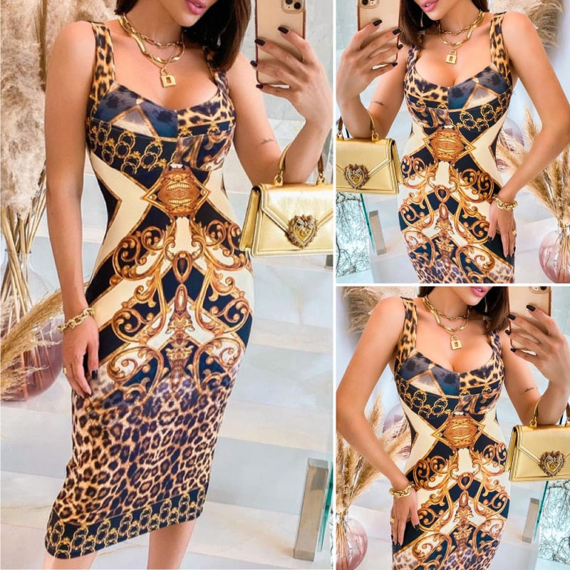 Woman Sexy Fashion Sleeveless Cheetah Print Colorblock Midi Dress