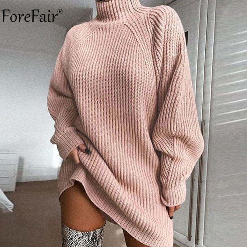 Turtleneck Long Sleeve Sweater Women Loose Tunic Knitted Casual Dresses
