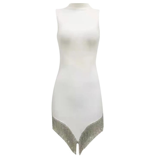 New Women Round Neck Irregular Rhinestone Tassel Multicolor Skinny Sleeveless Dress