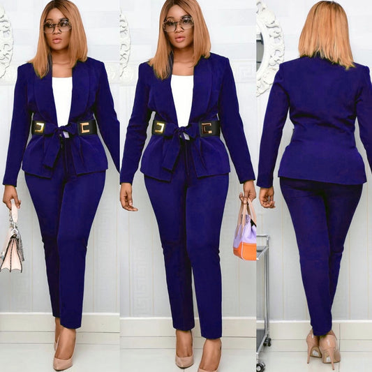 Women Full Sleeve Solid Blazers + Pants Two Piece Office Lady Business Set