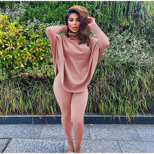 Women Solid Color Turtleneck Loose Two Piece Long Sleeve Sweater Tight Pants Set