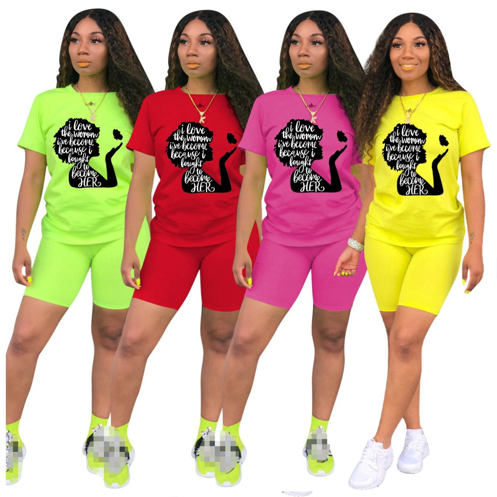 Women Two Piece Short Sleeve Lettered Top Casual Short Sets