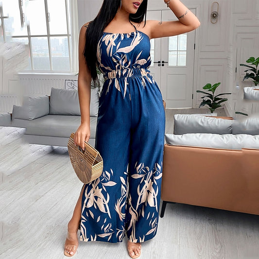 Women Fashion Elegant Sleeveless Print Halter Slit Wide-legs Jumpsuit