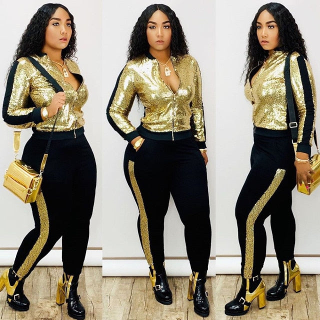 Women Long Sleeve Jacket Pants Sparkly Set