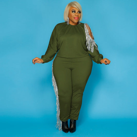 Plus Size Two Piece Tassel Sweatsuit Stretch Solid Jogger Set