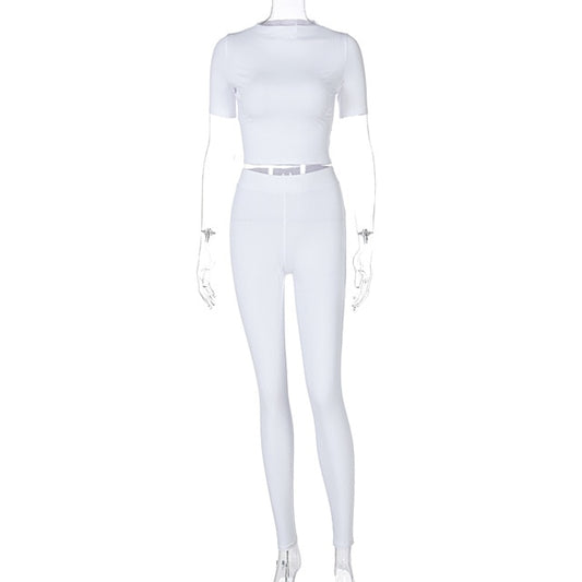 Women Two Piece Short Sleeve Gym Top Crop Legging Skinny Tracksuit