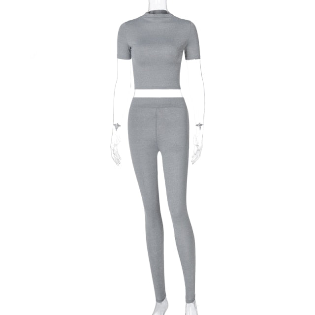 Women Two Piece Short Sleeve Gym Top Crop Legging Skinny Tracksuit