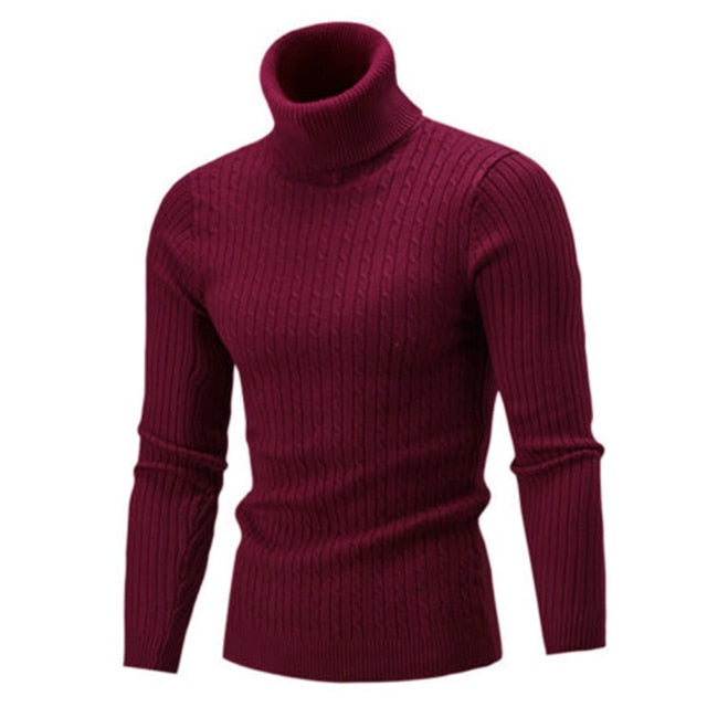 Men Winter Solid Color Turtle Neck Long Sleeve Twist Knitted Slim Sweater