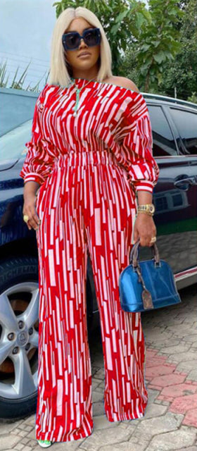 Women Two Piece Wide Leg Pant Strip Elegant Set