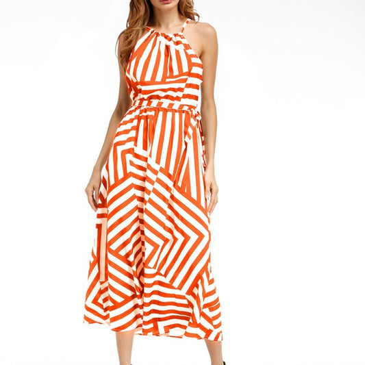 Women Sexy Boho Maxi Long Evening Striped Print Maxi Long Dress