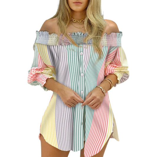 Women Fashion Striped Print Blouse Off Shoulder Ruched Button Design Casual Dress S-XL
