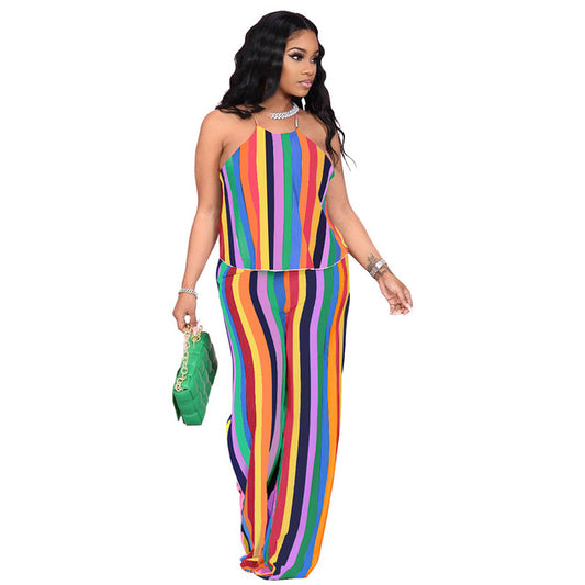 Women 2 Piece Stripe Print Summer Pant Set