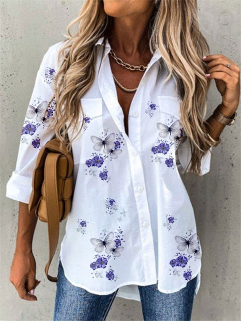 Women Printed Long Button Down Blouse