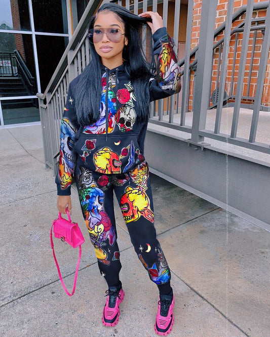 Women Sportswear Hooded Collar Graffiti Print Two Piece Pants Set