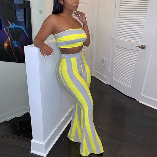 Women Striped 2 Piece Crop Top Pants Set S-2XL