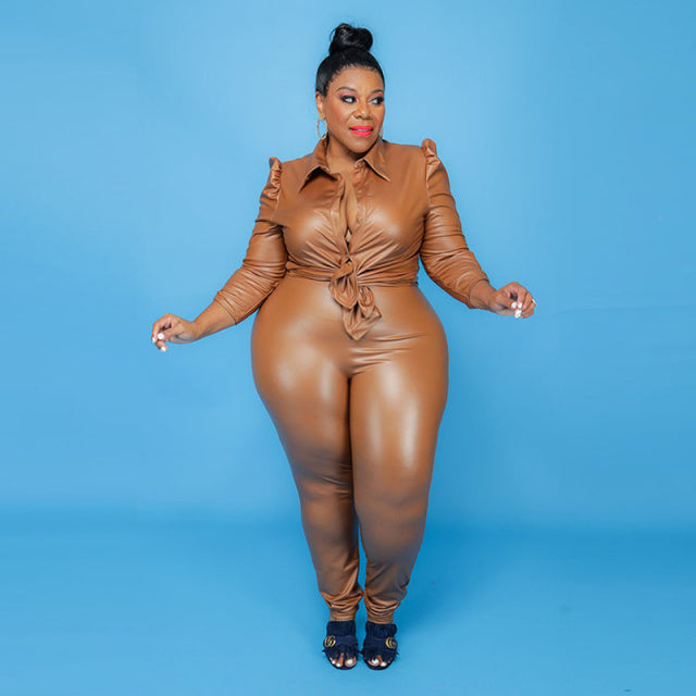 Plus Size Women Two Piece Leather Fall Long Sleeve Tops and Pants Set