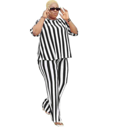 New Women Stripe Printed Casual Plus Size Office Tops and Wide Leg Pants Set L-2XL