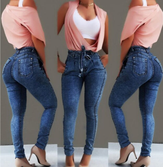 Women High Waist Front Drawstring Sexy Jeans S-5XL