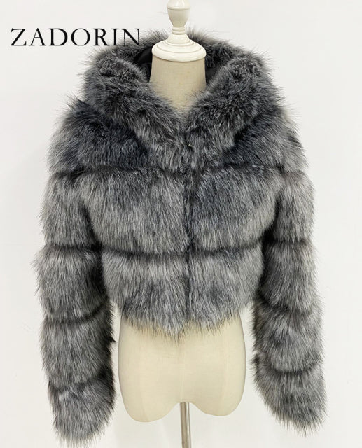 Women High Quality Cropped Faux Fur Fluffy Hooded Coat
