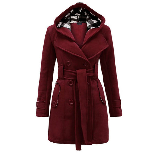 Women Warm Fleece With Belts Double Breasted Solid Casual Coat