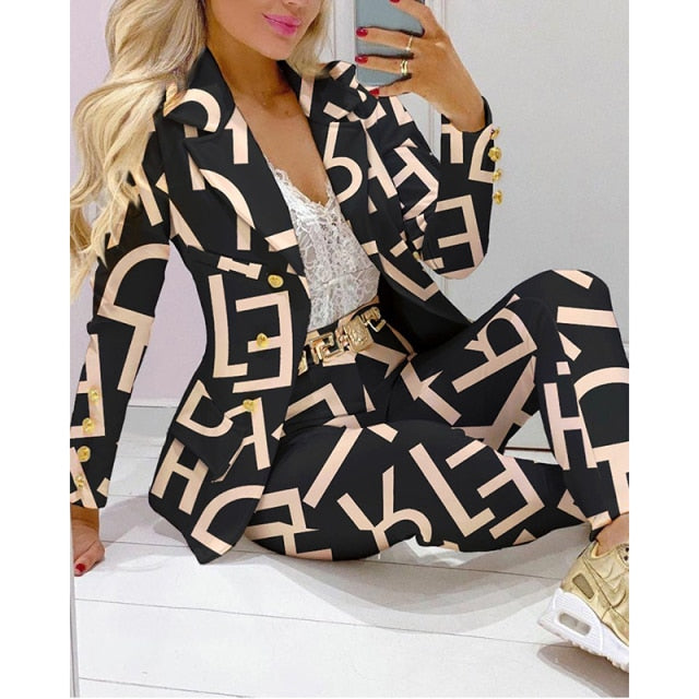 Two Piece Women Blazer Print Suit