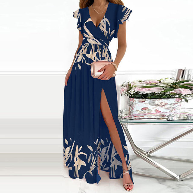 Women Solid Slim V Neck High Waist Casual Maxi Dress