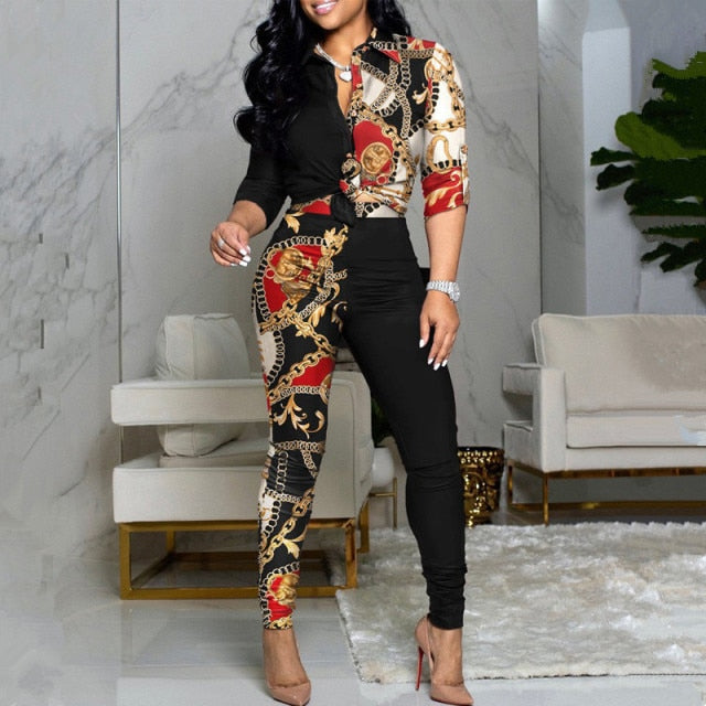 Women Chic Two Piece Letter Print Colorblock Knot Front Buttoned Top High Waist Pant Set