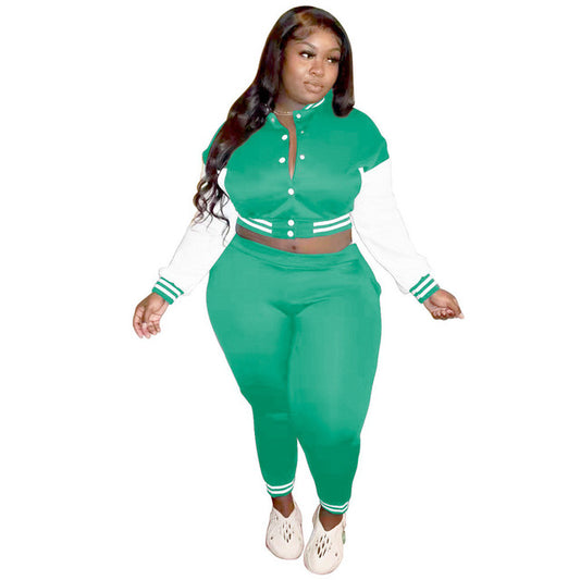 Plus Size Women Tracksuit Striped Two Piece Set