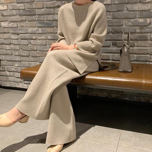 Women Knitted Turtleneck Sweater+Wide Leg Jogging Pant Set