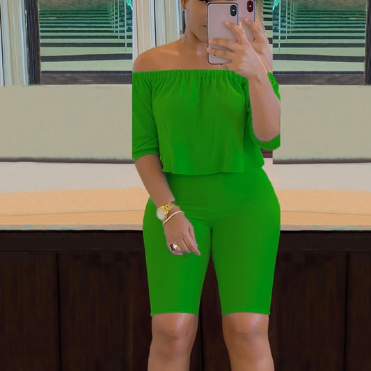 Women Two Piece Casual Solid Off Shoulder Crop Top Skinny Shorts Set