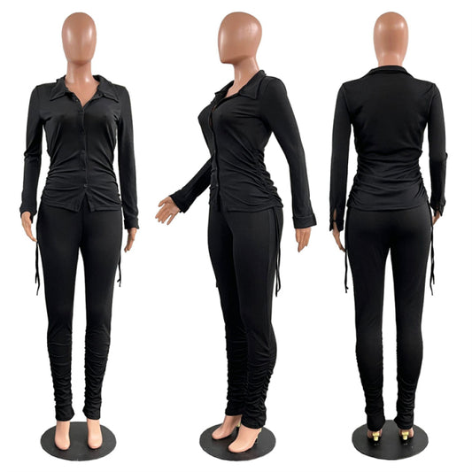 Women 2 Piece Drawstring Shirt Top Pleated Stacked Pant Set S-3XL