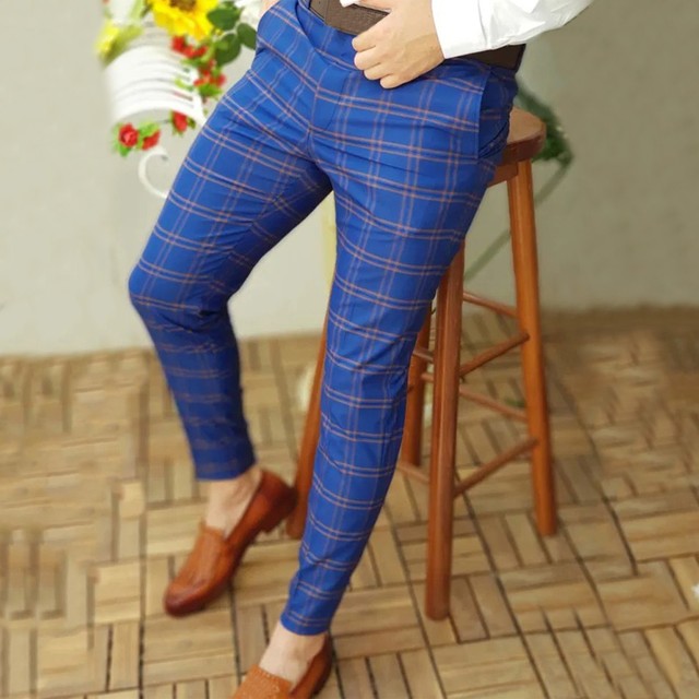 Men Casual Plaid Skinny Pencil Pants