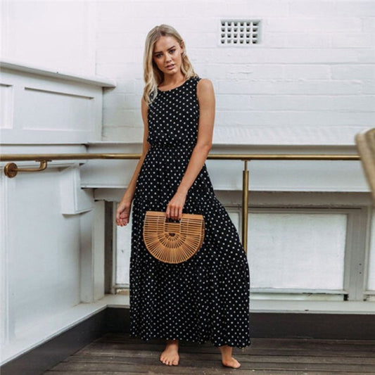 Women Boho Loose Sleeveless Dot Print Long Maxi Dress