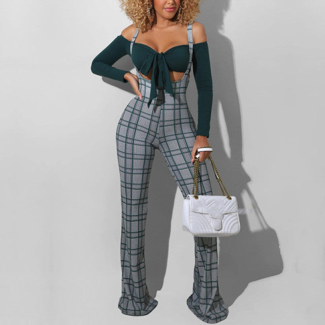 Women High-Waist Plaid Overall Flare Pants