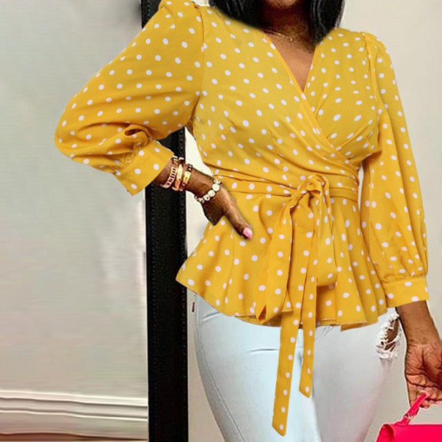 Women Sexy V-Neck Print Tunic Shirt Belted Fashion Ruffles Top