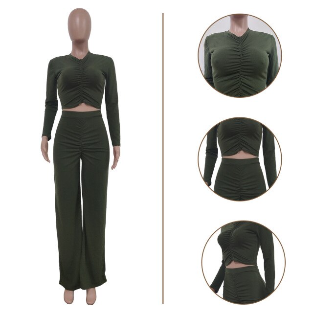 Women Two Piece Shirt And Long High Waist Wide Leg Pant Set