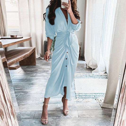 Women Short Sleeve Long Button Draped Bandage Dress