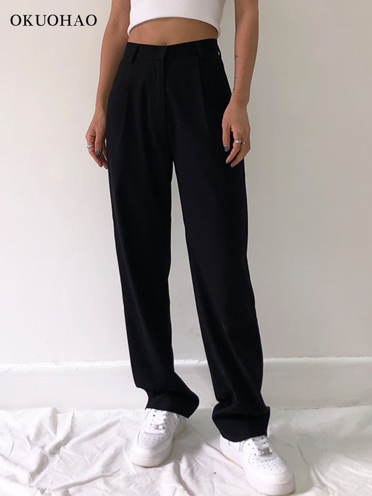 Women High Waist Casual Office Wide Loose Leg Pants