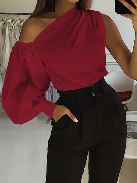 Women Casual Satin One Shoulder Blouse