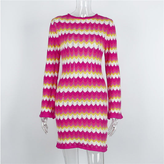 Women Stripe Knit Beach Bodycon Backless Long Sleeve Dress