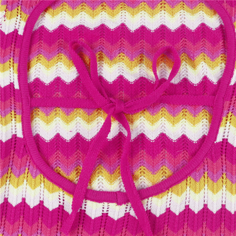 Women Stripe Knit Beach Bodycon Backless Long Sleeve Dress