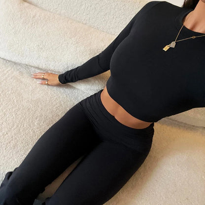 Solid Trim Crop Top & Flare Leggings