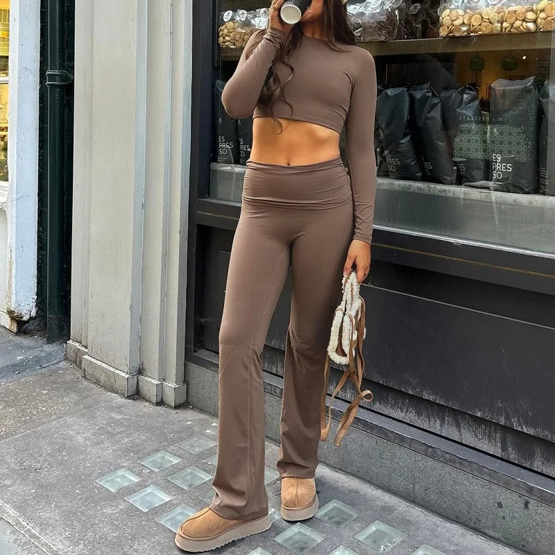 Solid Trim Crop Top & Flare Leggings