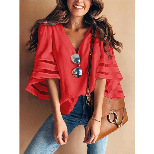 Women Casual Loose V Neck Chiffon Blouse