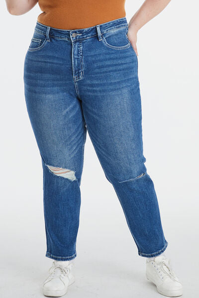 High Waist Distressed Washed Cropped Mom Jeans